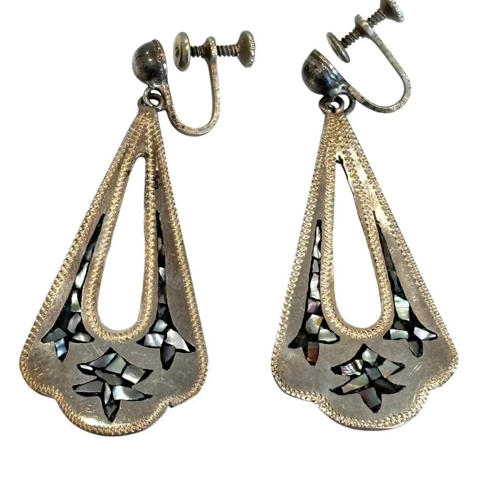 Vtg Sterling‎ Silver Abalone Drop Dangle Earrings Tear Drop Screw Back 2